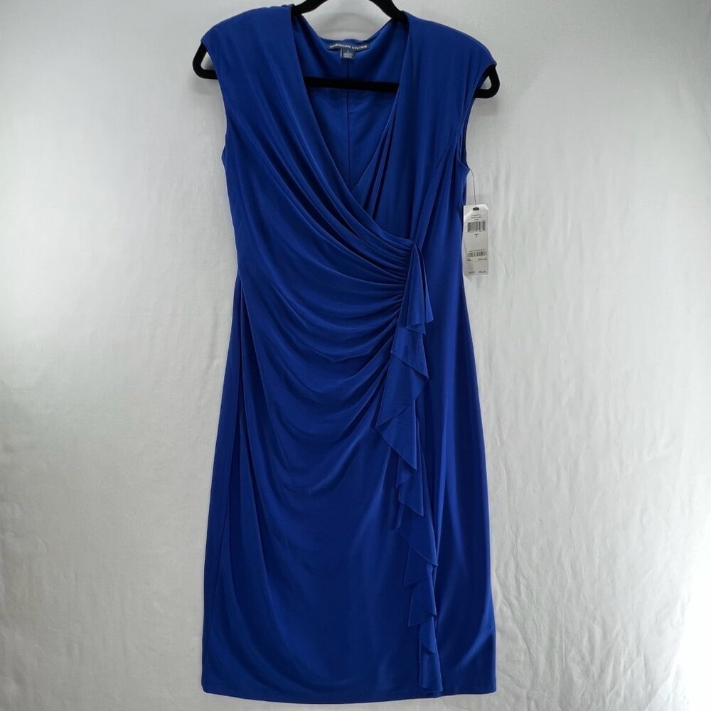 American Living Ruffled Faux-Wrap Dress Womens 6 Ruched Sleeveless Stretch Blue - Picture 2 of 13